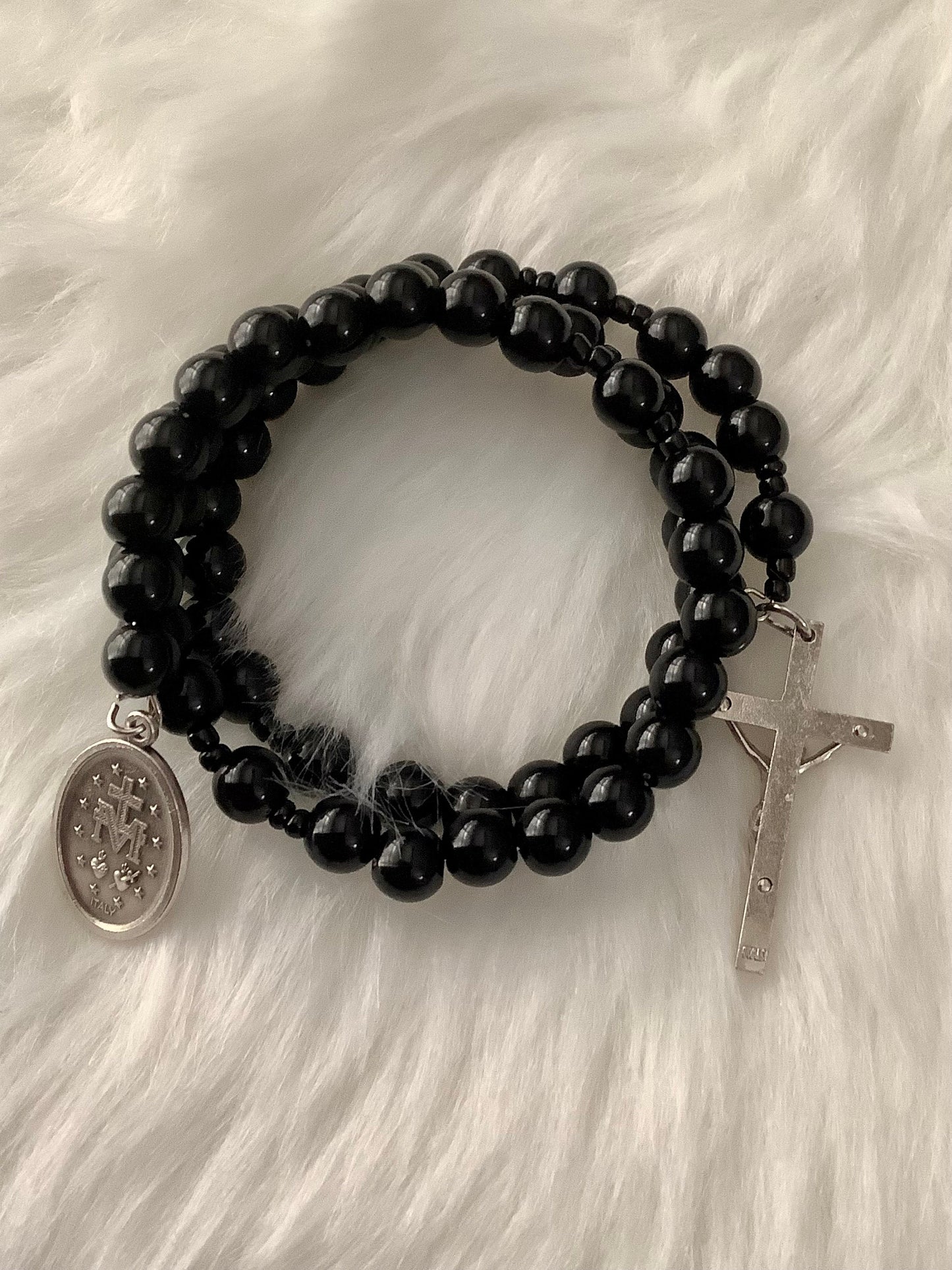 Miraculous Medal Black Glass Bead Patron Saint Wrap Rosary Bracelet