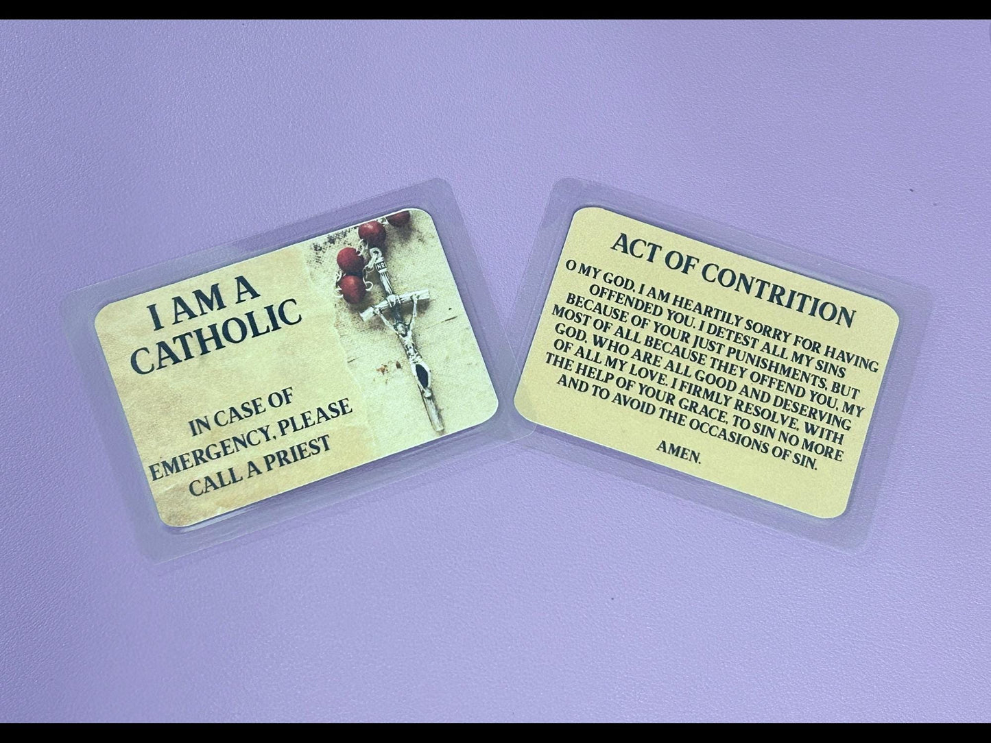 Red Rosary on Aged Parchment background I Am Catholic Faith Cards – In Case of Emergency Call a Priest