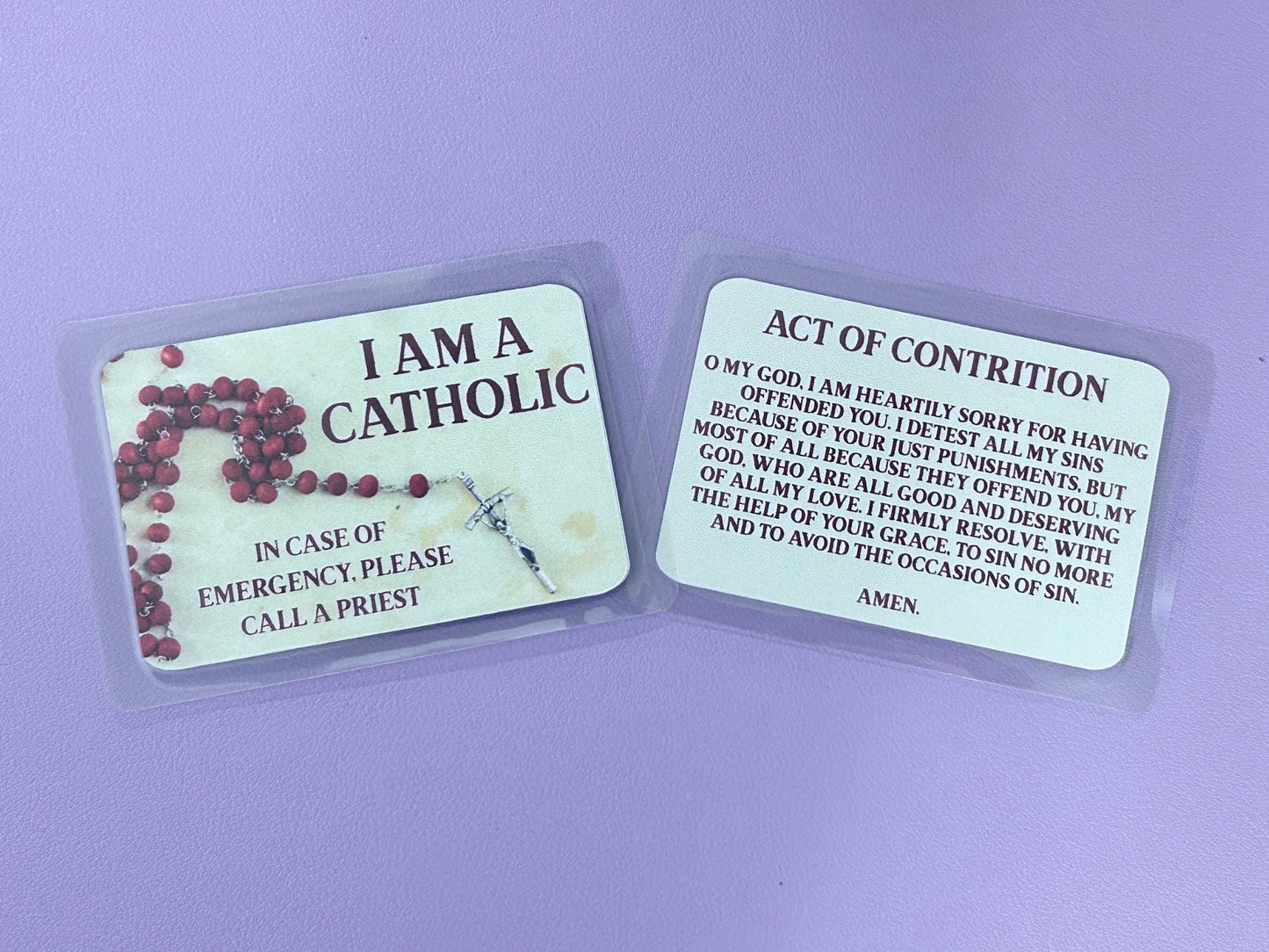 Red Rosary on Soft Ivory background I Am Catholic Faith Cards – In Case of Emergency Call a Priest