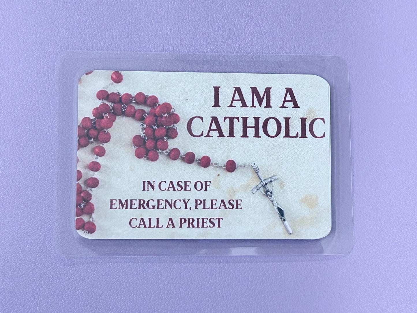 Red Rosary I Am Catholic Faith Cards – In Case of Emergency Call a Priest – Act of Contrition on Back