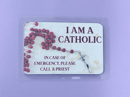 Red Rosary I Am Catholic Faith Cards – In Case of Emergency Call a Priest – Act of Contrition on Back