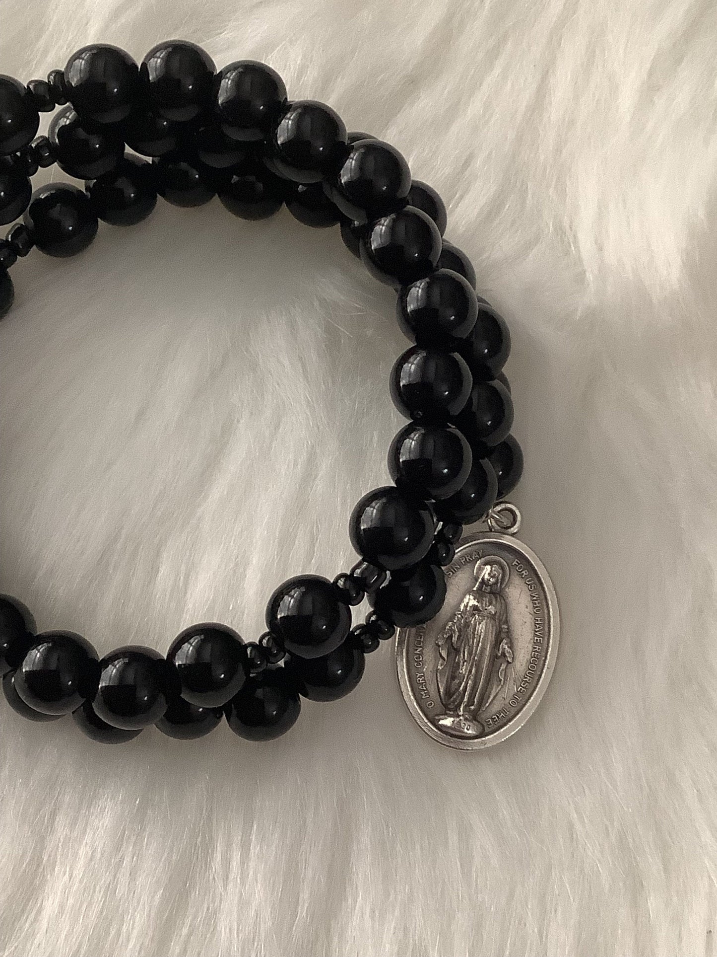 Miraculous Medal Black Glass Bead Patron Saint Wrap Rosary Bracelet