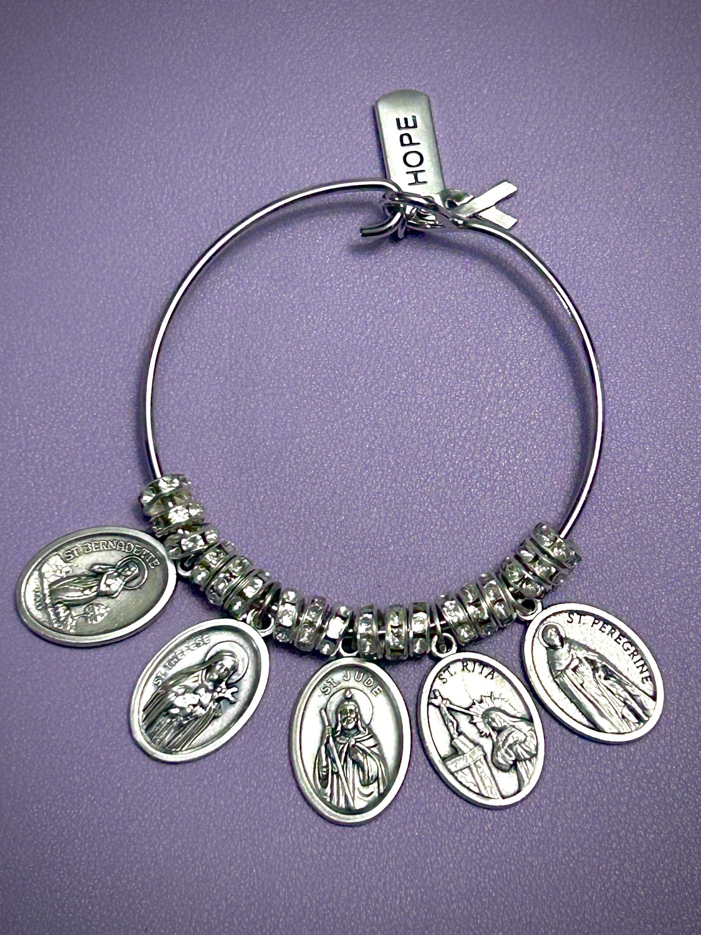 Courage & Faith Bangle Bracelet for Cancer Patient – Saints Rita, Bernadette, Therese, Jude, and Peregrine