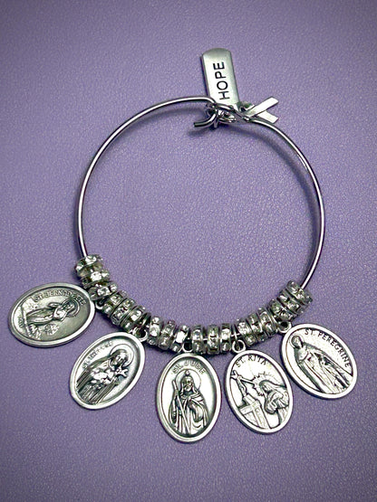 Courage & Faith Bangle Bracelet for Cancer Patient – Saints Rita, Bernadette, Therese, Jude, and Peregrine