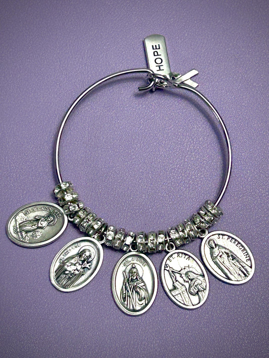 Courage & Faith Bangle Bracelet for Cancer Patient – Saints Rita, Bernadette, Therese, Jude, and Peregrine