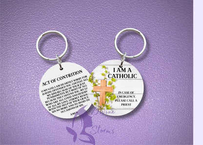 I Am Catholic Faith Keychains – In Case of Emergency Call a Priest – Act of Contrition on Back