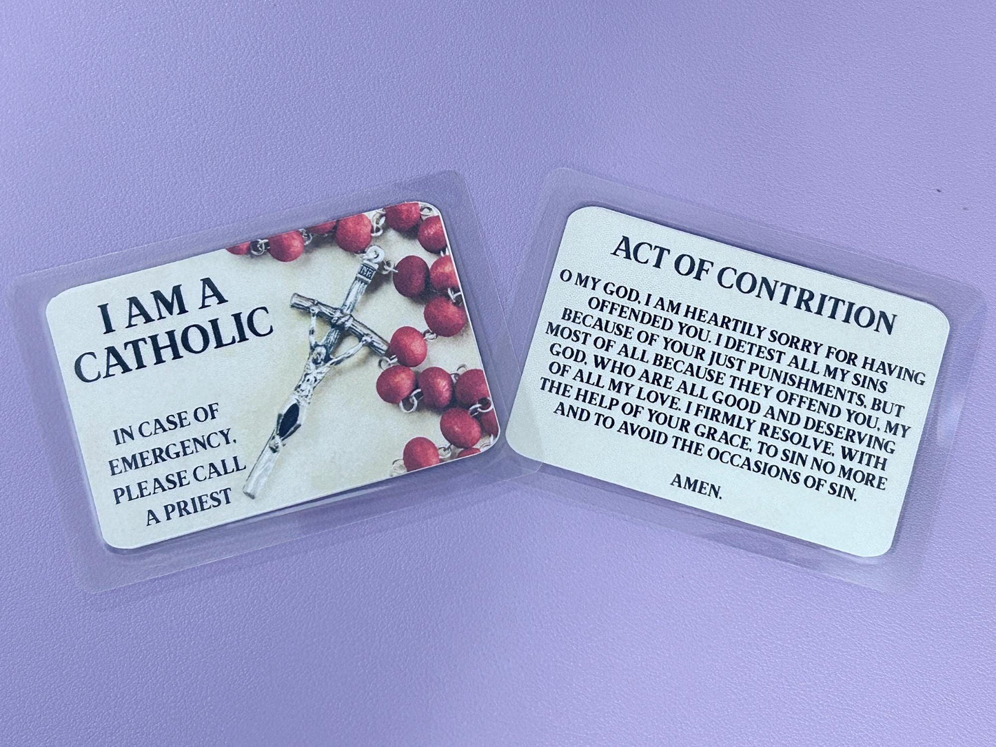 Red Rosary on Cream background I Am Catholic Faith Cards – In Case of Emergency Call a Priest