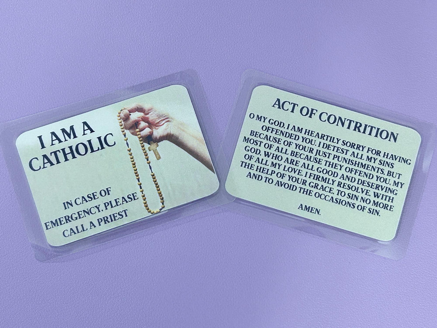 Hand holding Rosary I Am Catholic Faith Cards – In Case of Emergency Call a Priest