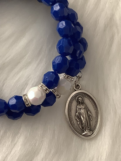 Miraculous Medal Blue and White Wrap Rosary Bracelet