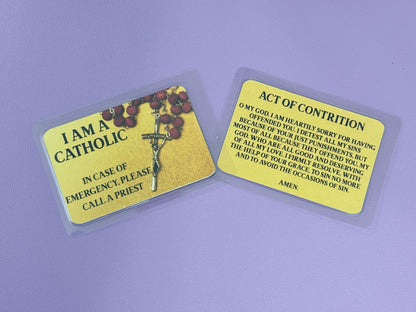 Red Rosary on Golden background I Am Catholic Faith Cards – In Case of Emergency Call a Priest