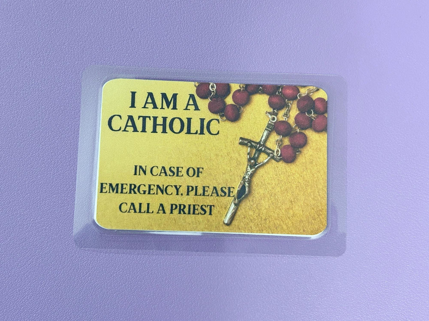Red Rosary on Golden background I Am Catholic Faith Cards – In Case of Emergency Call a Priest