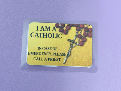 Red Rosary on Golden background I Am Catholic Faith Cards – In Case of Emergency Call a Priest