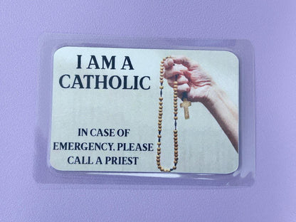 Hand holding Rosary I Am Catholic Faith Cards – In Case of Emergency Call a Priest
