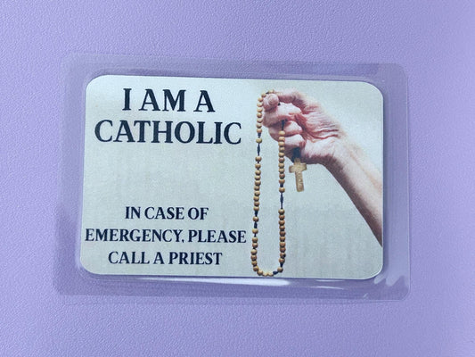 Hand holding Rosary I Am Catholic Faith Cards – In Case of Emergency Call a Priest
