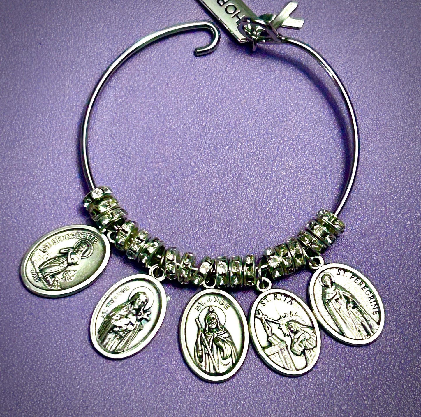 Courage & Faith Bangle Bracelet for Cancer Patient – Saints Rita, Bernadette, Therese, Jude, and Peregrine
