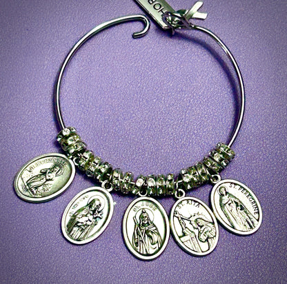 Courage & Faith Bangle Bracelet for Cancer Patient – Saints Rita, Bernadette, Therese, Jude, and Peregrine