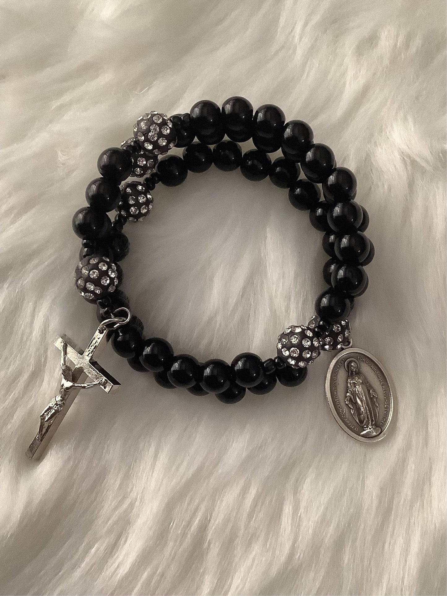 Miraculous Medal Black Wrap Rosary Bracelet