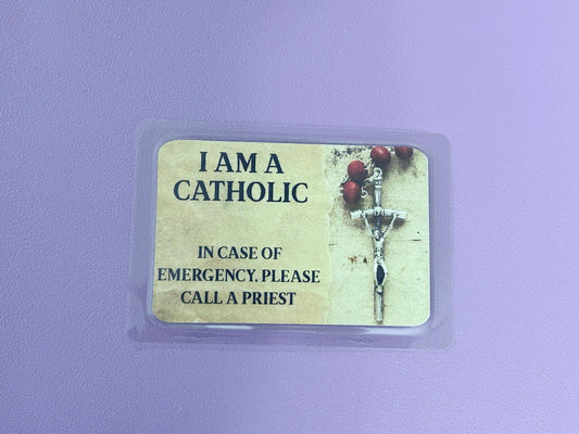Red Rosary on Aged Parchment background I Am Catholic Faith Cards – In Case of Emergency Call a Priest