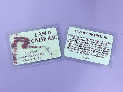 Red Rosary I Am Catholic Faith Cards – In Case of Emergency Call a Priest – Act of Contrition on Back