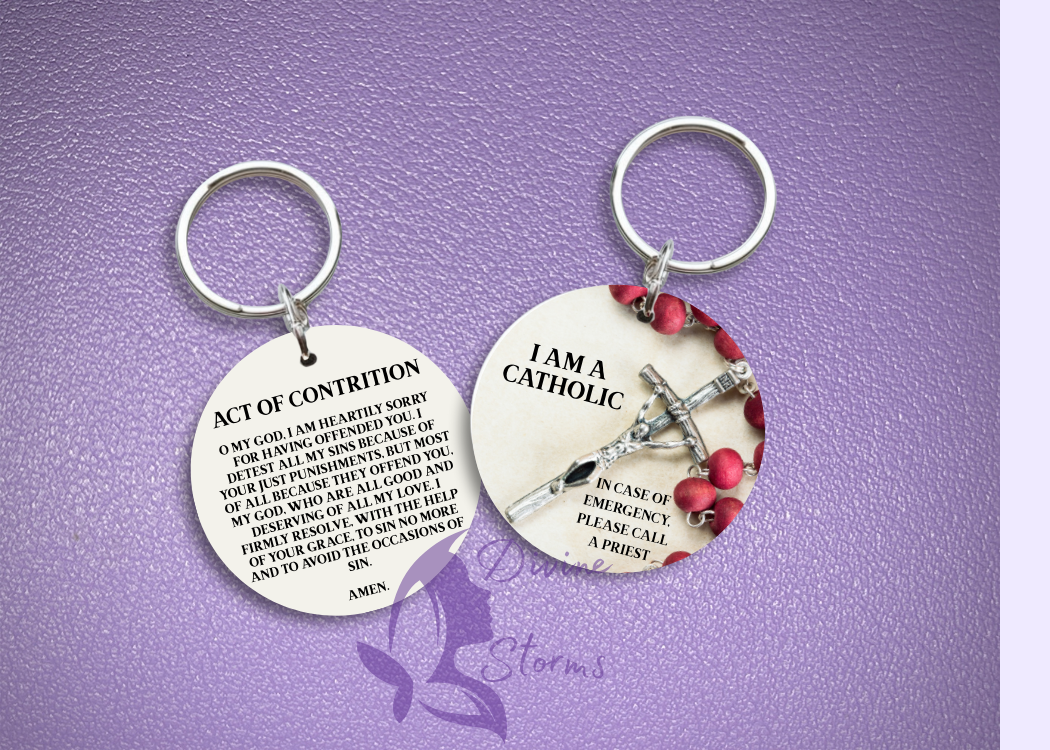 I Am Catholic Faith Keychains – In Case of Emergency Call a Priest – Act of Contrition on Back