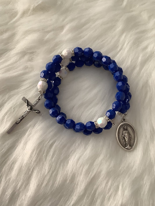 Miraculous Medal Blue and White Wrap Rosary Bracelet