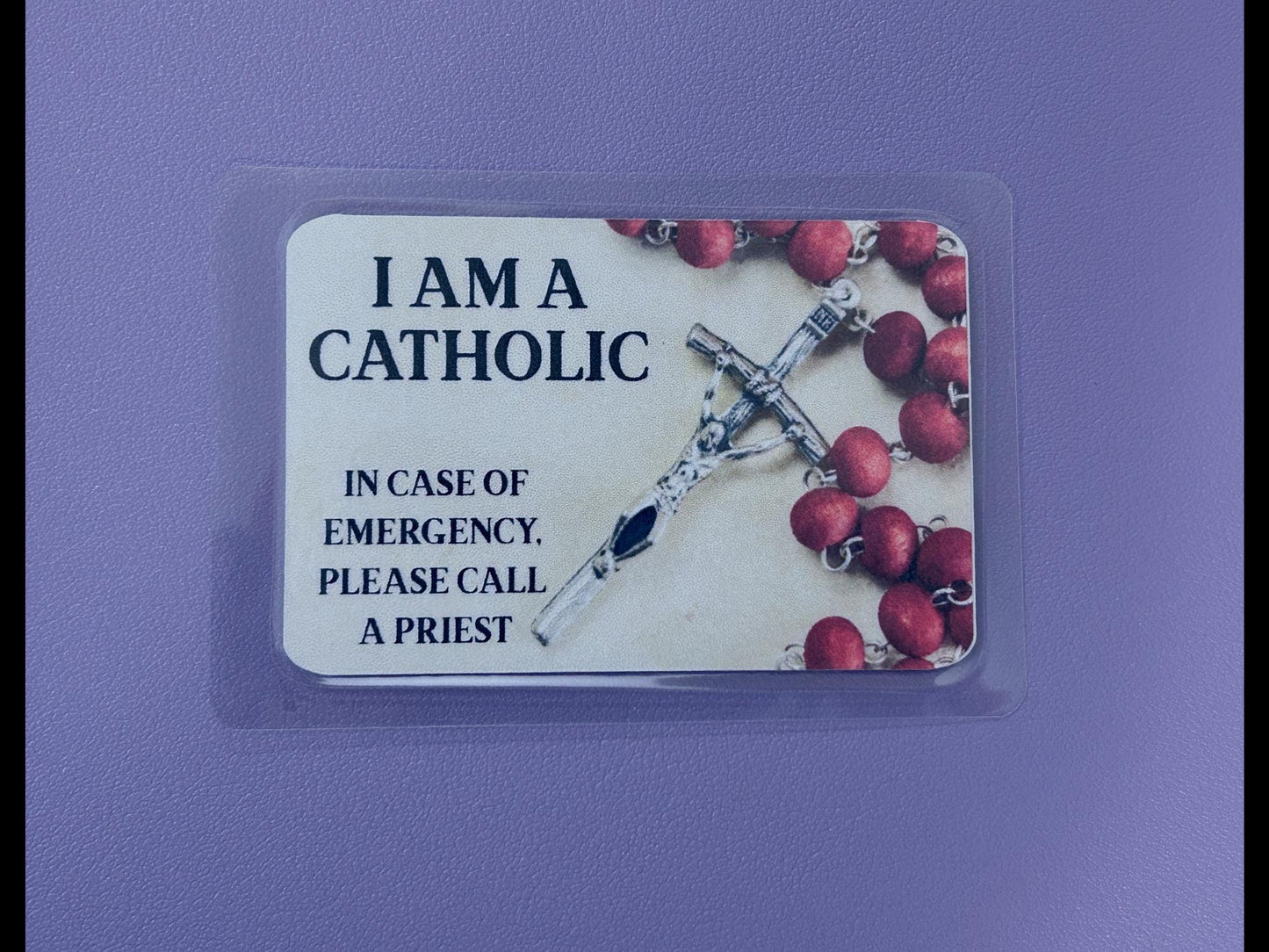 Red Rosary on Cream background I Am Catholic Faith Cards – In Case of Emergency Call a Priest