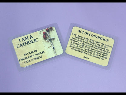 Red Rosary on Aged Parchment background I Am Catholic Faith Cards – In Case of Emergency Call a Priest