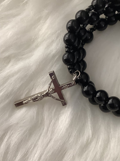 Miraculous Medal Black Glass Bead Patron Saint Wrap Rosary Bracelet