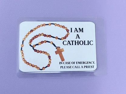 Wood Rosary I Am Catholic Faith Cards – In Case of Emergency Call a Priest