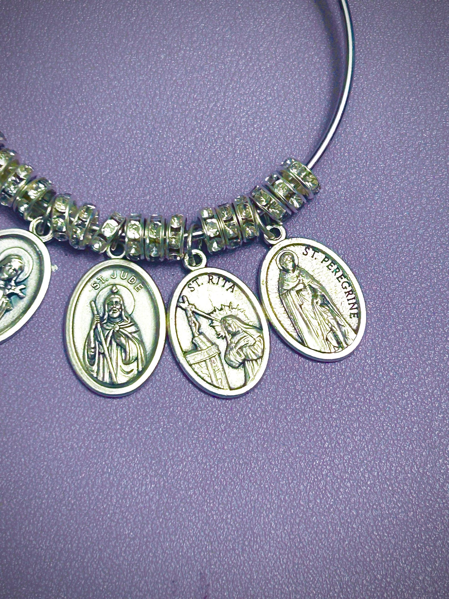 Courage & Faith Bangle Bracelet for Cancer Patient – Saints Rita, Bernadette, Therese, Jude, and Peregrine