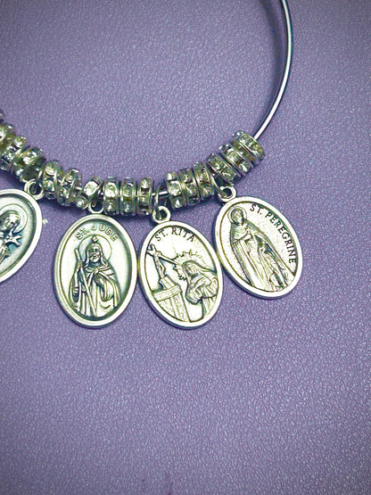 Courage & Faith Bangle Bracelet for Cancer Patient – Saints Rita, Bernadette, Therese, Jude, and Peregrine