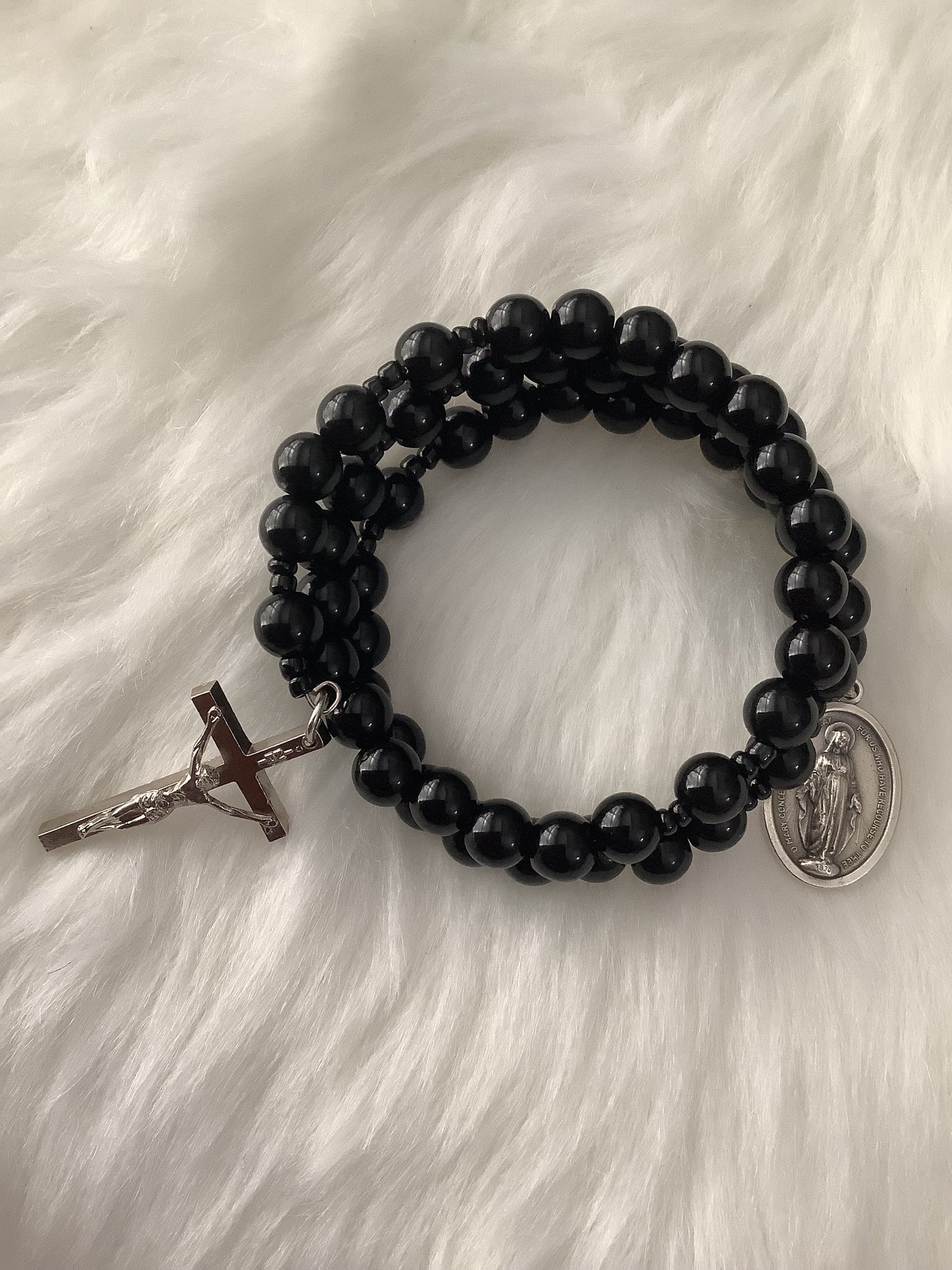 Miraculous Medal Black Glass Bead Patron Saint Wrap Rosary Bracelet