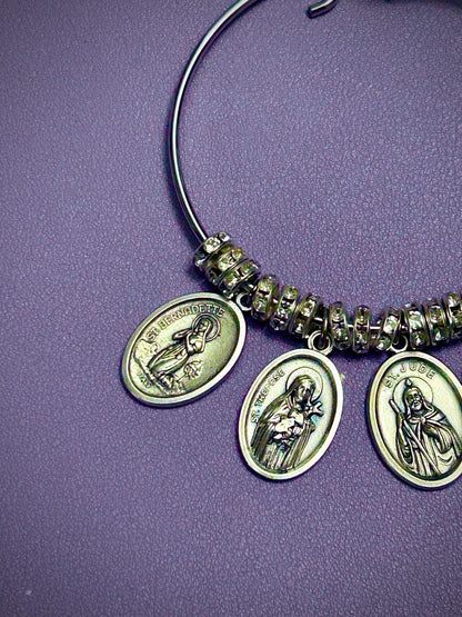 Courage & Faith Bangle Bracelet for Cancer Patient – Saints Rita, Bernadette, Therese, Jude, and Peregrine